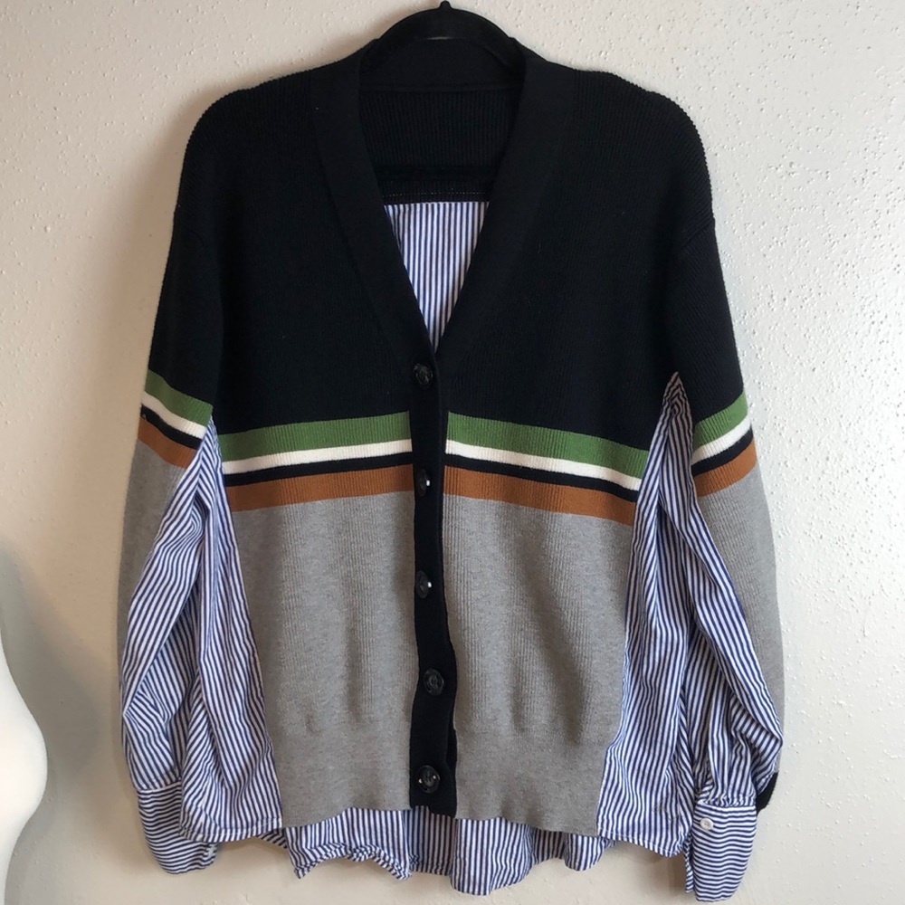 Up cycled sweater and dress shirt. Measures M-L dad Cosby grandpa sweater